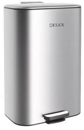 Delex Kitchen Bin 30L (8 Gallon), Pedal Rubbish Bin with Soft Close Lid, Steel Waste Bin, Removable Inner Bucket, Hands-Free Step-On Trash Can, Silver