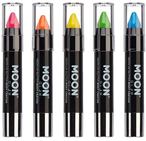 Moon Glow - Neon UV Glitter Face Paint Stick / Body Crayon makeup for the Face & Body - Glows brightly under UV lighting (Set of 5)