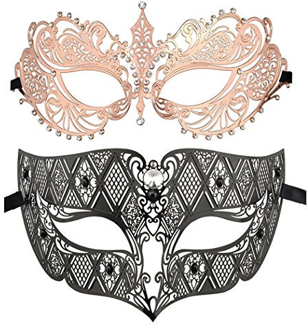 Ein Paar Paar Maskerade Maske, Krone Maske venezianischen Kostüme Mardi Gras Prom Maske (Rose Gold + Schwarz 2)