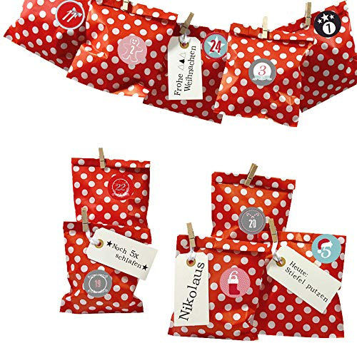 Frau WUNDERVoll® DIY Adventskalender zum Befüllen Bescherung: Set Punkt 168, Papiertueten flach 13x16,5cm, rot Punkt, Ziffern bunt