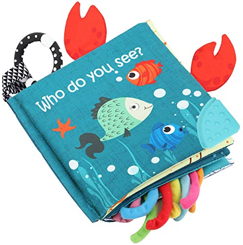 Fish Baby Books Toys, Touch Feel Cloth Crinkle Books for Babies,Baby Infant Toys 0-6, 6-12,12-18 Months,Newborn,Early Learning Education, Baby Gifts Shower for Boys Girls,Teething, Mirror,Shark Ocean