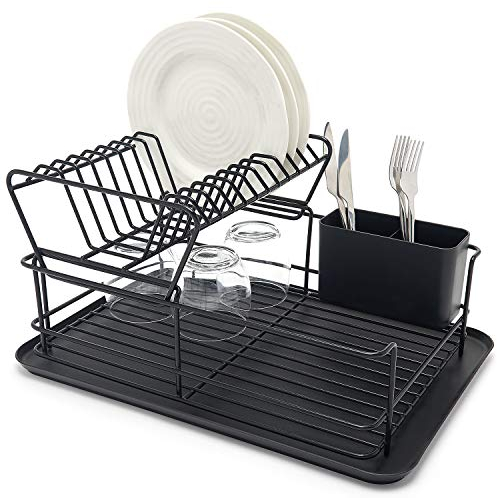 simplywire – Escurreplatos de Dos Pisos – Rejilla para Platos extraíble y Soporte para Cubiertos - Negro
