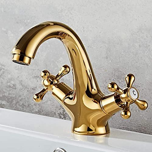 HomeLava Antik Messing Wasserhahn Waschtischarmatur Waschbeckenarmatur Zweigriff Mischbatterie Armatur Bad für Badarmatur Waschbecken mit Kreuzgriff Gold [Upgraded Version]