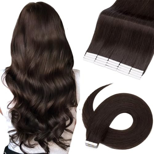 TESS Tape Extensions Echthaar #2 Dunkelbraun 40 cm Klebeband Haarverlängerung 20er Pack Glatt Remy Tape in Hair Extensions für Haarverdichtung (20 Tressen #2-Darkbrown)