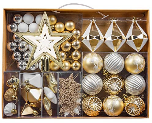 Valery Madelyn 70pcs Shatterproof Christmas Baubles, Elegant White & Gold Christmas Ball Ornaments with Tree Top