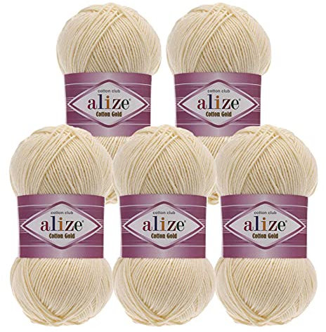 5 x 100g Strickgarn Alize Cotton Gold Uni Klassikgarn Häkelgarn Strick-Wolle Farbwahl, Farbe:458 hellelfenbein