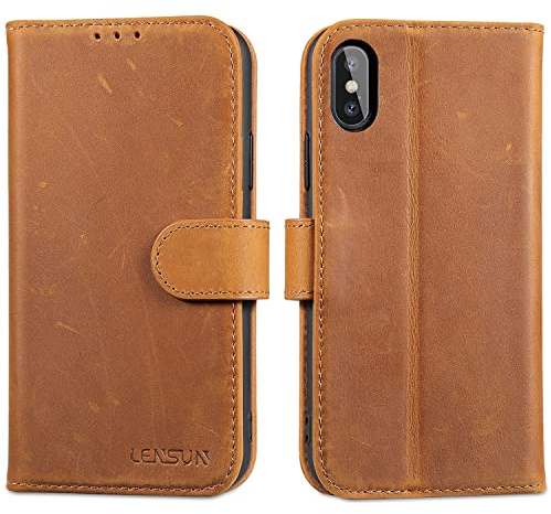LENSUN Echtleder Hülle für iPhone XS, iPhone X Handyhülle [Echtes Leder][Magnetverschluss][RFID Schutz] Handytasche Lederhülle Klapphülle für iPhone X/XS - Vintage Braun
