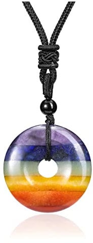JOVIVI 7 Chakra Healing Stone Crystal Donut Necklace Natural Chakra Swirl Round Gemstone Reiki Amulet Peace Lucky Charm Pendant Black Cord Neklace Adjustable Women Men Jewellery