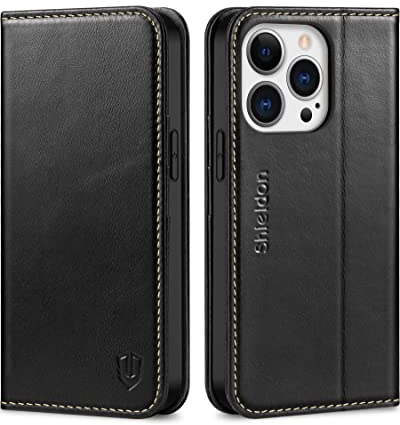 SHIELDON Hülle für iPhone 13 Pro 5G Handyhülle Stoßfest Schuzhülle [Echtleder] [Kartenfach] [Stand] [Magnet] TPU Klapphülle Ledertasche Telefon Schutz Kompatibel mit iPhone 13 Pro 6.1 - Retro Schwarz