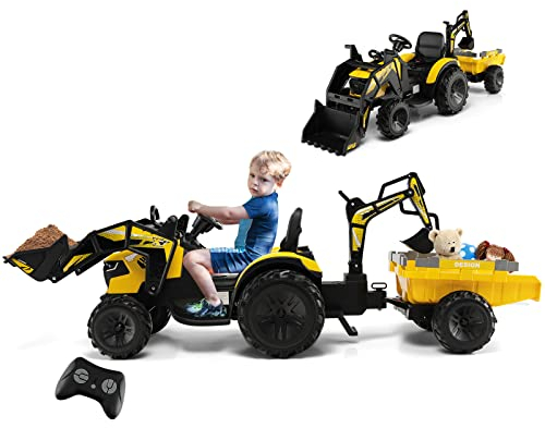 GOPLUS Elektrischer Traktor für Kinder mit Anhänger, Schaufel und Rädern, rutschfest, Bagger, Spielzeug mit Fernbedienung, Lenkrad mit Musik, Licht für Kinder 36 – 95 Monate (gelb)