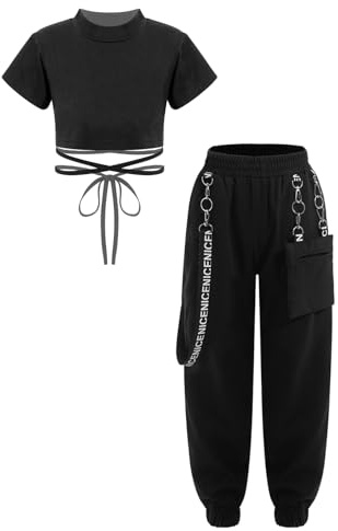 Freebily Träningsoverall för flicka flicka konstnärlig gymnastik jumpsuit street dansklänning jazz hiphop crop danstoppar kortärmad t-shirt sportbyxor, Svart, 13-14 anni