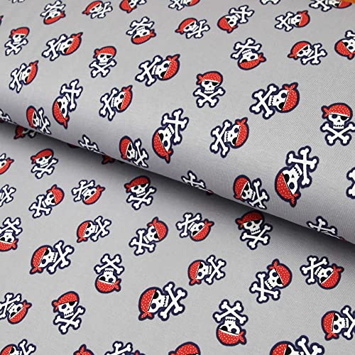 Baumwolljersey Piraten Totenköpfe auf grau - Jersey Stoff Seeräuber ab 25 cm Länge