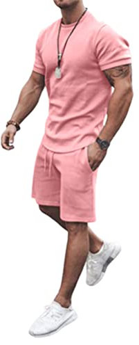 Onsoyours Pyjama Court Homme Été Ensemble de Pyjama Imprimé Doux a Manches Courtes Vêtements De Nuit Loungewear Sportswear Shorts Taille Élastique Oversized D Rose S