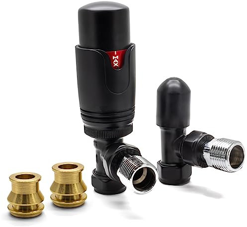 Thermostatic TRV Angled Black Radiator Valves 1/2 x 15mm with Brass Radiator Reducer Compression Valve - 15mm to 10mm