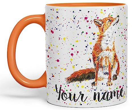 Vixar Personalised with Your Text Fox British Wildlife Animals Watercolour Art Coloured Ceramic Mug Cup Gift 330ml 11oz Custom Work Office Tea Coffee (Orange)