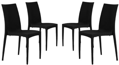 buybuy Lot de 4 chaises en plastique pour jardin et extérieur, en polypropylène, style rotin pour terrasse noire, empilables