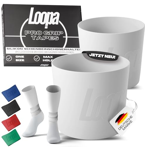 Loopa Pro Grip Tapes Fußball Schienbeinschonerhalter aus hochwertigem Silikon für Herren, Damen & Kinder (ab12J.) | Fußball Stutzenhalter | Shin Guard Holder | Shin Pad Stay (White)