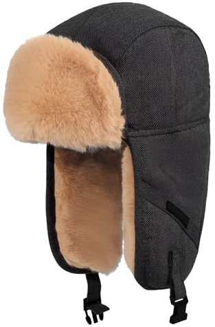 YJZQ Herrenhut Russischer Kunstpelz Gestern Fliegermütze mit Plüschmütze mit Ohrenschützer, wasserdicht, warm, winddicht, für Ski und Motorrad, 58 – 60 cm, Schwarz , 58/60 cm