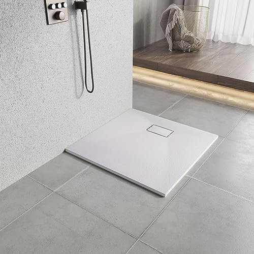 Heilmetz Receveur de Douche 80x80x2.6cm Bac de Douche en SMC Bac à Douche avec Drain Inclus, pour Cabine Douche, Effet Pierre, Blanc