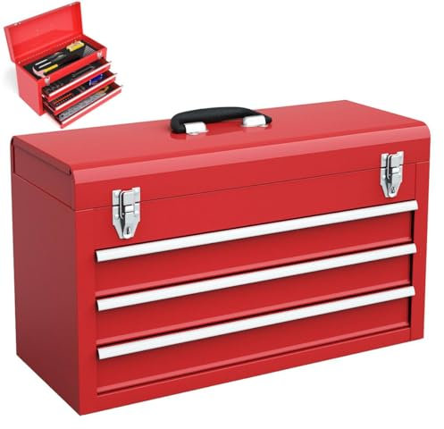 COSTWAY 3 Drawers Tool Box, Lockable Steel Toolbox with Top Storage Tray, Ball Bearing Runners, EVA Liners & Carry Handle, Tool Chest Storage Cabinet for Home Workshop (Red)