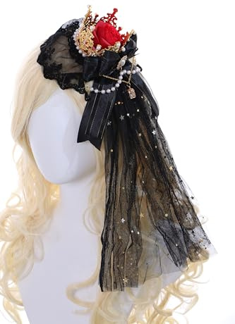 Kawaii-Story C-105-1 Schwarz Schleier Gold Krone rote Rose Schleife Spitze Rüschen Gothik Lolita Party Feier Haarschmuck Kopfaccessoir