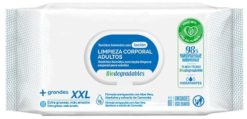 Acan Tradineur Lot de 60 lingettes humides à la lotion XXL pour le corps pour adultes, jetables, biodégradables, douces, hydratantes, enrichies en aloe vera et camomille