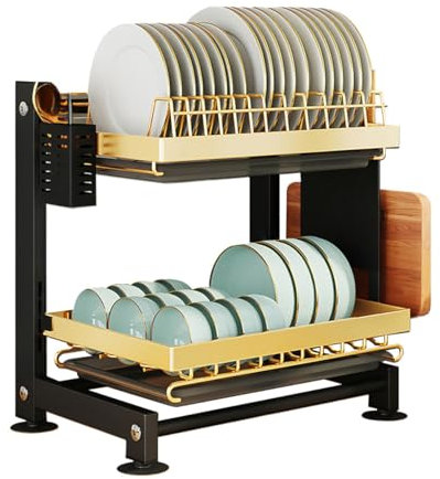Heikoeco® Abtropfgestell Geschirr, Geschirrabtropfgestell mit Abtropfschale & Utensilienhalter, Abtropfgestell, 2-stufiges Geschirr Abtropfständer, höhenverstellbar (Schwarzgold, 2 Ebene)