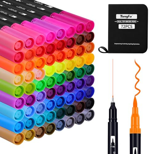 TongFu Dual Brush Pen Set, 72 Farben Doppelseitig Pinselstifte Aquarell Marker Fineliner Set, 1-5 mm/Fineliner 0,4 mm Filzstifte Dicke und Dünne für und Erwachsene