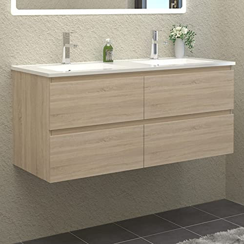 HAPAOSO Meuble de Salle de Bain Double Vasque 120 cm + Casier Couleur chêne(Quatre tiroirs)