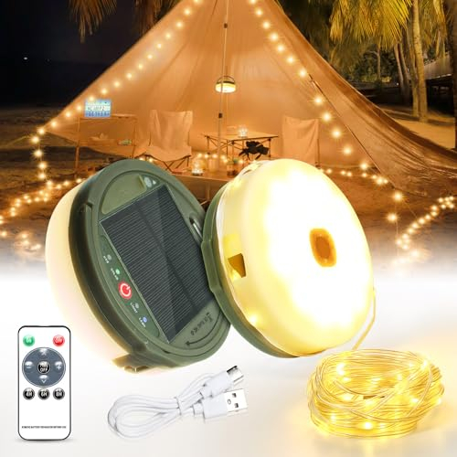 Outdoor Waterproof Portable Stowable String Light,12M 120LED Solar Camping String Lights Reel,Portable 2 in 1 Christmas Fairy Lights,USB Rechargeable for Camping,Yard,Garden,Patio,Warm White