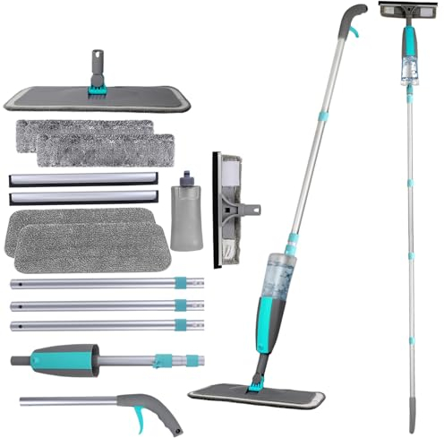 Wiseten 2 in 1 Fensterputzer und Bodenwischer mit Sprühfunktion, Professioneller Fensterwischer mit Teleskopstiel für hohe Fenster, Wischmopp Spray Floor Mop Sprühwischer für die Bodenreinigung