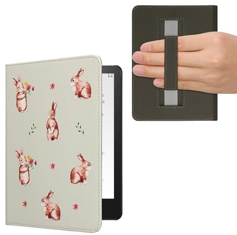 kwmobile Klapphülle kompatibel mit Amazon Kindle Paperwhite 11. Generation 2021 Hülle - Flipcase für Kindle Paperwhite Hülle mit Handschlaufe - Hasen und Blumen