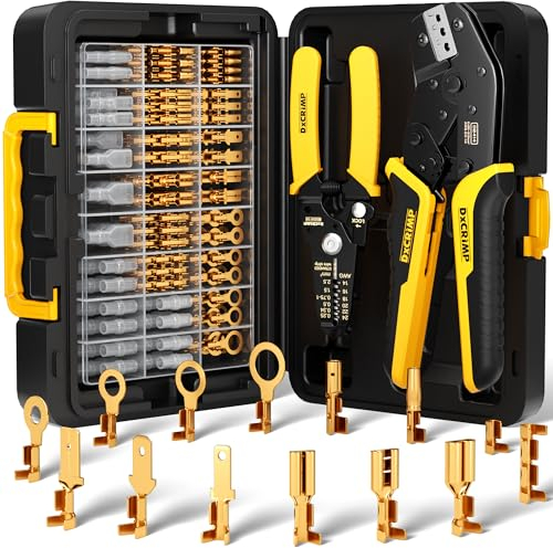 DxCRIMP Juego de Crimpadora Terminales Eléctricos con 14 Tipos de Terminales de 0,25-2.5mm²(AWG 24-14), Juego de Pinzas Para Crimpar Para Electricistas, Alicates Para Terminales Electricos