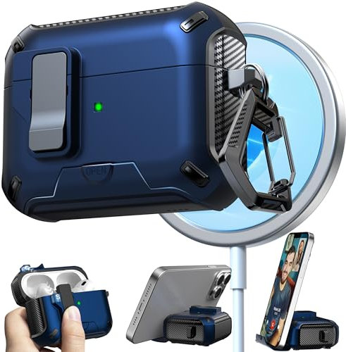 RFUNGUANGO Compatibile con custodia AirPods Pro 2, Compatibile con ricarica MagSafe, pop-up automatico con clip di blocco di sicurezza (2023/2022/2019),Custodia blu con interruttore nero