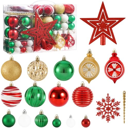 100-teiliges Weihnachtsbaumkugel-Ornament-Set mit Weihnachtsbaumspitze, schwarzes Weihnachtsschmuck-Set für Weihnachtsbaum, bruchsicher, hängende Weihnachtsbaumschmuck (Gold + Rot + Grün + Weiß)