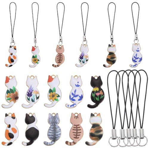 SUNNYCLUE 1 B0X 30 Stück Kawaii Handyanhänger, Süße Katzen Anhänger Emaille Legierung Golddruck Kleine Tiere Haustier Anhänger Für Selbstgemachte Geldbörse Schlüsselanhänger Handyhülle Tasche Kamera D