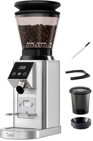 Tuni G1 Macinacaffè conico, mulino per sbavature antistatico con 48 impostazioni precise, timer elettronico di precisione e display touch a LED per espresso, gocciolamento, birra fredda, pressa