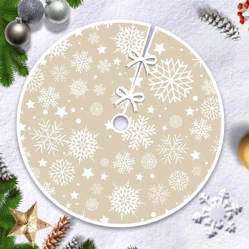 Hianjoo 120cm Jupe Sapin de Noël, Couvre Pied Sapin Noel, Arbre De Noel Decoration, Joyeux Noël Jupe d'arbre Tapis pour Sapin pour Noël, Flocon de Neige Blanc Kaki