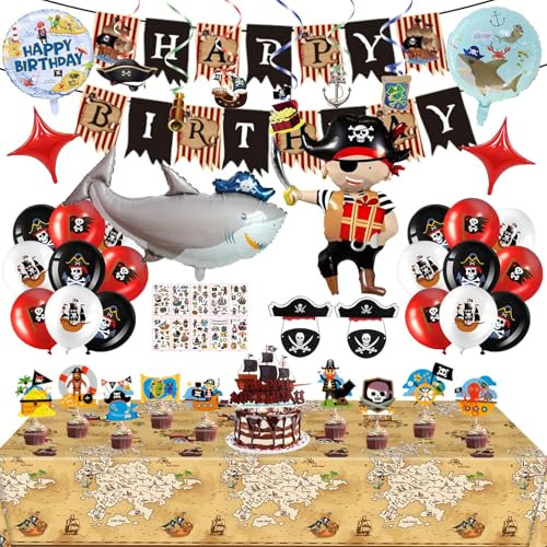 Kindergeburtstag Pirates Deko Set: Piraten Dekoration mit Folienballon, Tischdecke, Luftballons, Hängende Wirbel, Cupcake Toppers, Piraten Augenklappe, Temporäre Tattoos