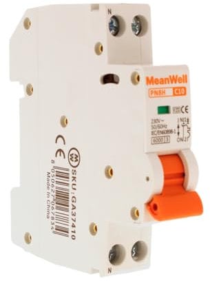 MeanWell Interruttore Magnetotermico Slim Da 1 Modulo DIN, MCB 1P+N C10 10A, Curva C 2 Poli 6000A 220V