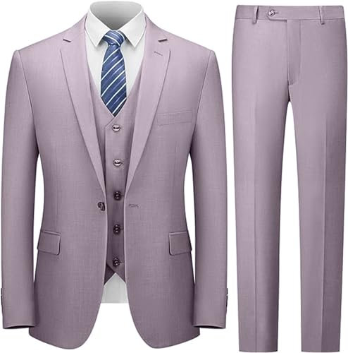 TSxuelian Uomo 3 Pezzi Vestito Elegante Solido Un Pulsante Slim Fit Monopetto Partito Blazer Gilet Pantaloni Set, Lilla, XXS