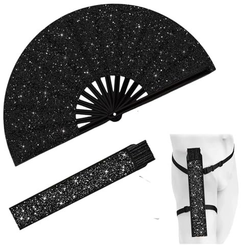 YKuzLx 13‘’ Large Rave Fan for Men Women, Rave Essentials, Decorative Glitter Folding Hand Fan with Holster for Party, Home Decoration, Gift, Music Festival, EDM Rave Accessories (B-Glitter Black)