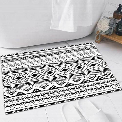 FSDGY Badvorleger Fußmatte Flauschig Teppich Badezimmerteppich Duschmatte für Bade & Wohnzimmer Schlafzimmer,Schwarz-weißes geometrisches Ornament.,60x90 cm