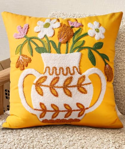 Miss Adola Embroidered Cushion Covers 45 x 45 - Spring Sofa Cushion Cover with Zipper for Couch Bedroom Aesthetic Soft Cotton Decorative Throw Pillow Cases, Floral Vase