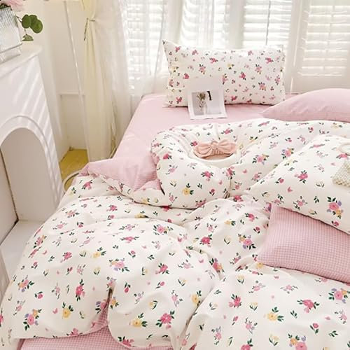 AShanlan Blumen Bettwäsche 200x200 Baumwolle Weiß Rosa Geblümt Bettwäsche-Sets mit Reißverschluss Aesthetic Floral Wendebettwäsche Enthält 1 Bettbezug 200x200 und 2 Kissenbezug 80x80 cm
