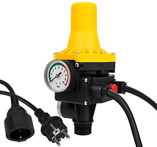 ISOISL Elektronische Pumpensteuerung 1100W 9000l/h, Druckschalter für Wasser, 10 Bar Druckwächter mit Kabel, IP65 Druckschalter für Wasserpumpen, überwacht den Wasserdurchfluss （gelb mit Kabel）