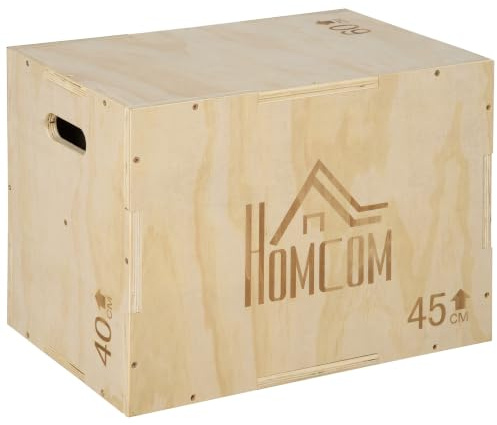 HOMCOM 3-in-1 Wooden Plyo Box with Handle Openings 16 x 20 x 24 Natural | Plyometric Jump Box, for Home Gym, Workout Training
