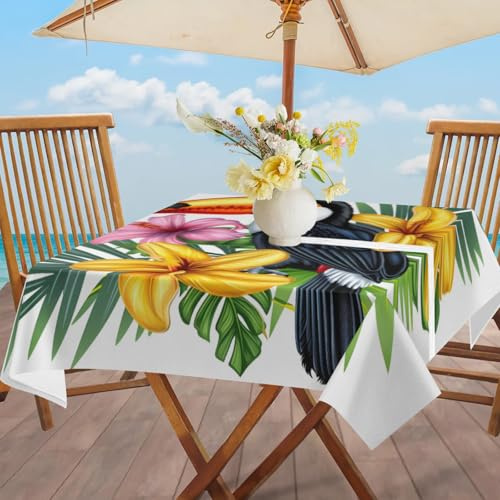 Tablerazzi Toucan Outdoor Tablecloth with Umbrella Hole, 60 Inch Square Table Cloth Tropical Plant Flower Bird Zippered Patio Table Covers for BBQ Picnic