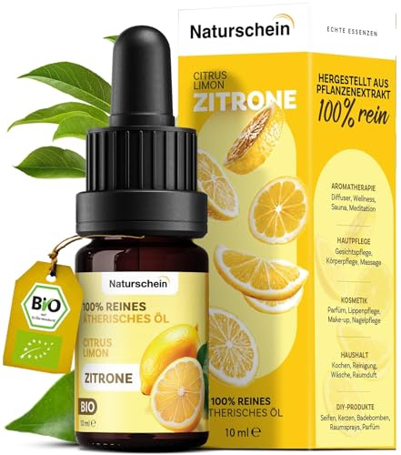 Naturschein BIO Zitronenöl 10ml [100% Naturrein] | Ätherisches Öl für Aromatherapie, Hautpflege & Küche | Lebensmittelqualität & Vielseitig Anwendbar (Citrus Limon)