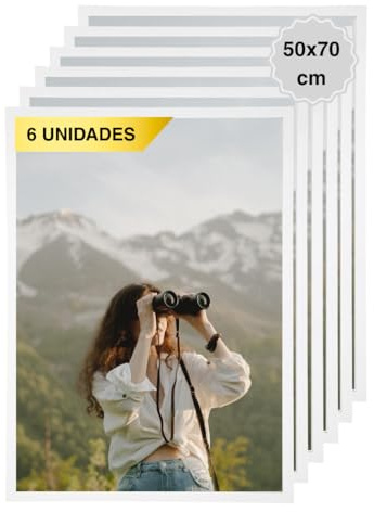 MARCOFOTO - Set de 6 Marcos de Fotos 50x70 cm Color Blanco - Marcos para Cuadros de Madera MDF con Cristal - Marcos Decorativos para Pared - Portafotos Vertical y Horizontal